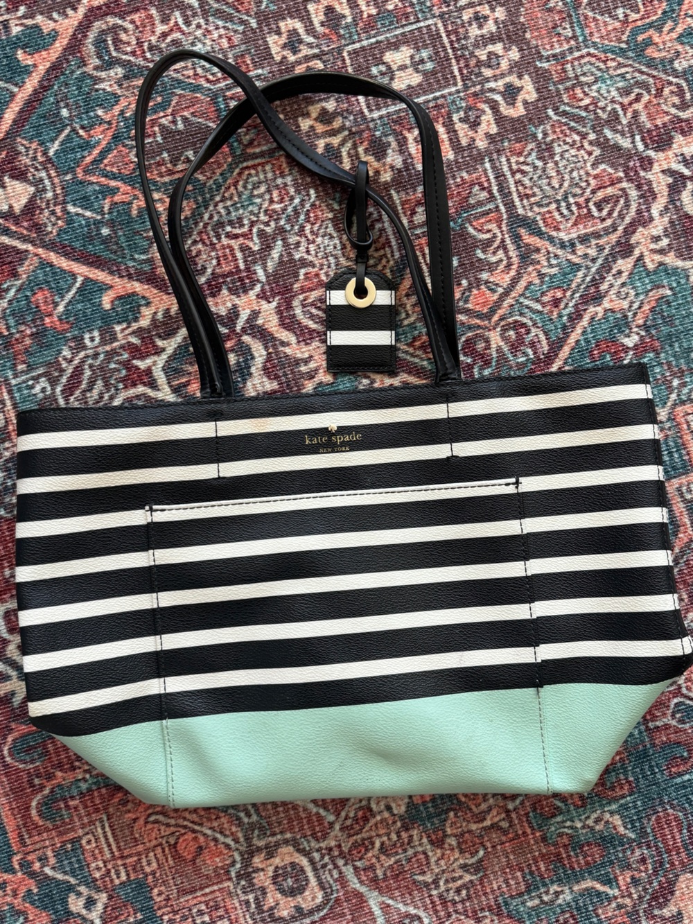 kate spade Black & White Striped Tote with Mint Accent